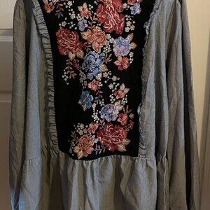 Savanna Jane Embroidery Flowers Black & White Stripe Puffy Long Sleeve Shirt 3X